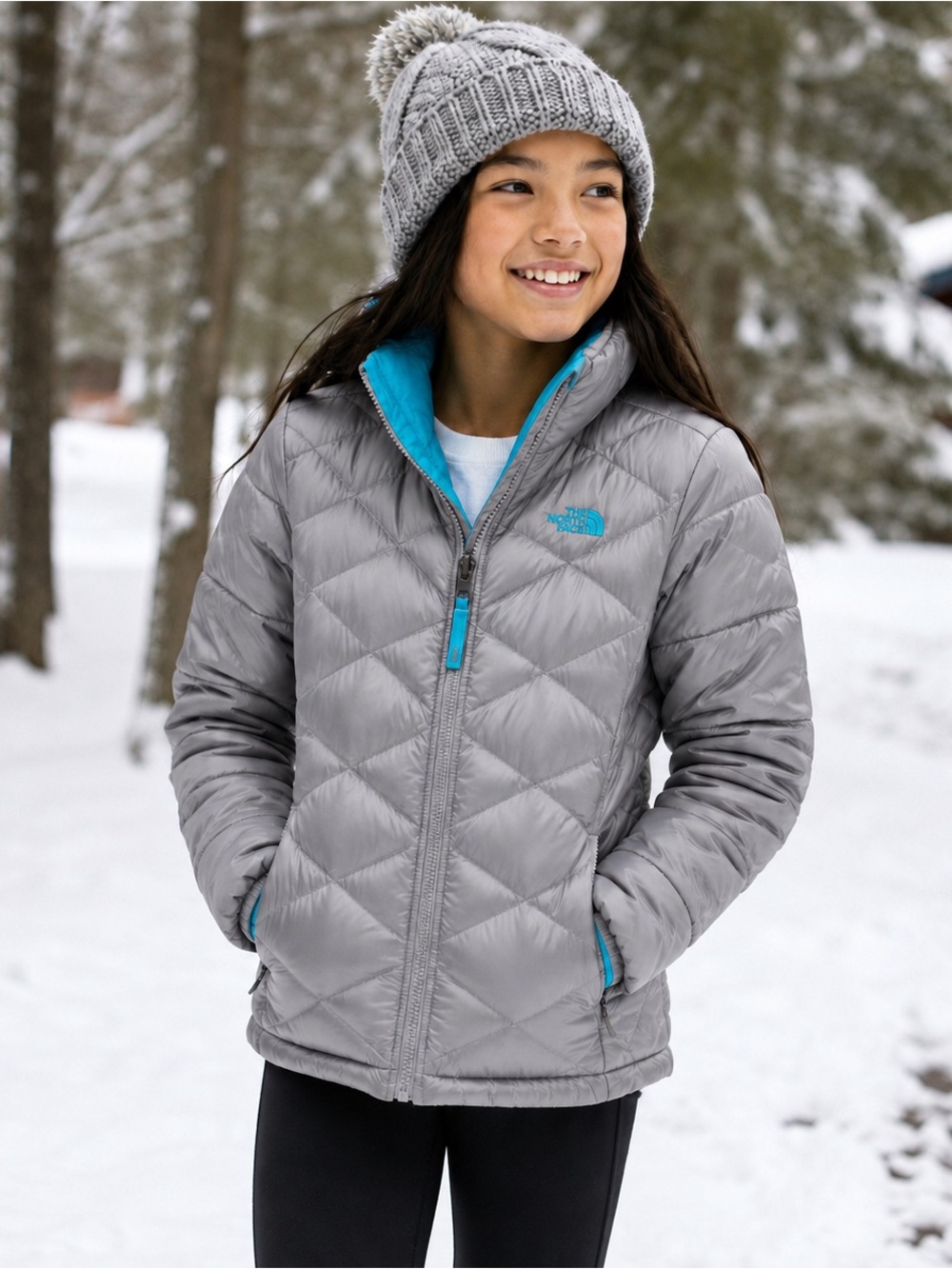 The North Face Silver Gray Goose Down Quilted Puffer Jacket Size Girls XL 18